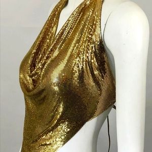 1970s Whting & Davis Gold Chain Mail Metal Mesh Vintage 70s Disco Halter Top